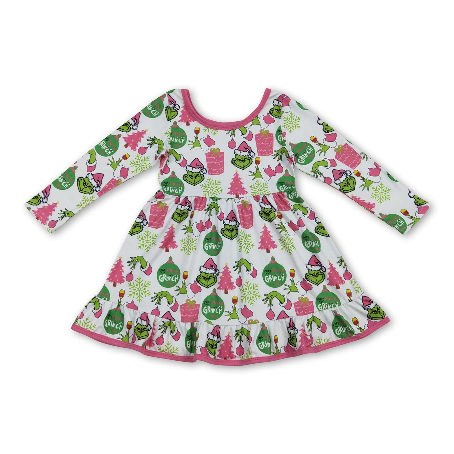 Langarm-Geschenk grünes Gesicht Rüschen Mädchen Weihnachts-Kleid