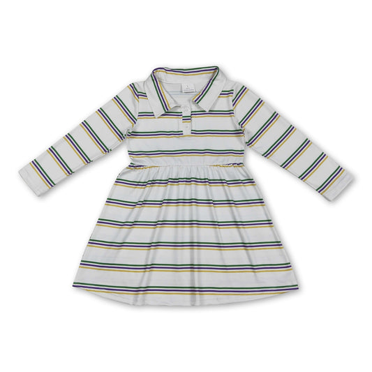 Grünes lila gelbes gestreiftes Mädchen Mardi Gras Polokleid