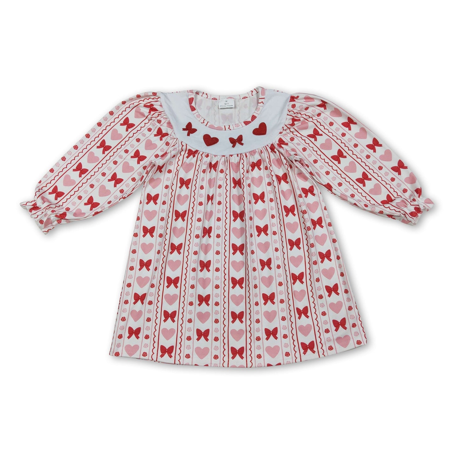 Mädchenkleid mit langen Ärmeln, Herz-Schleifenstickerei, zum Valentinstag