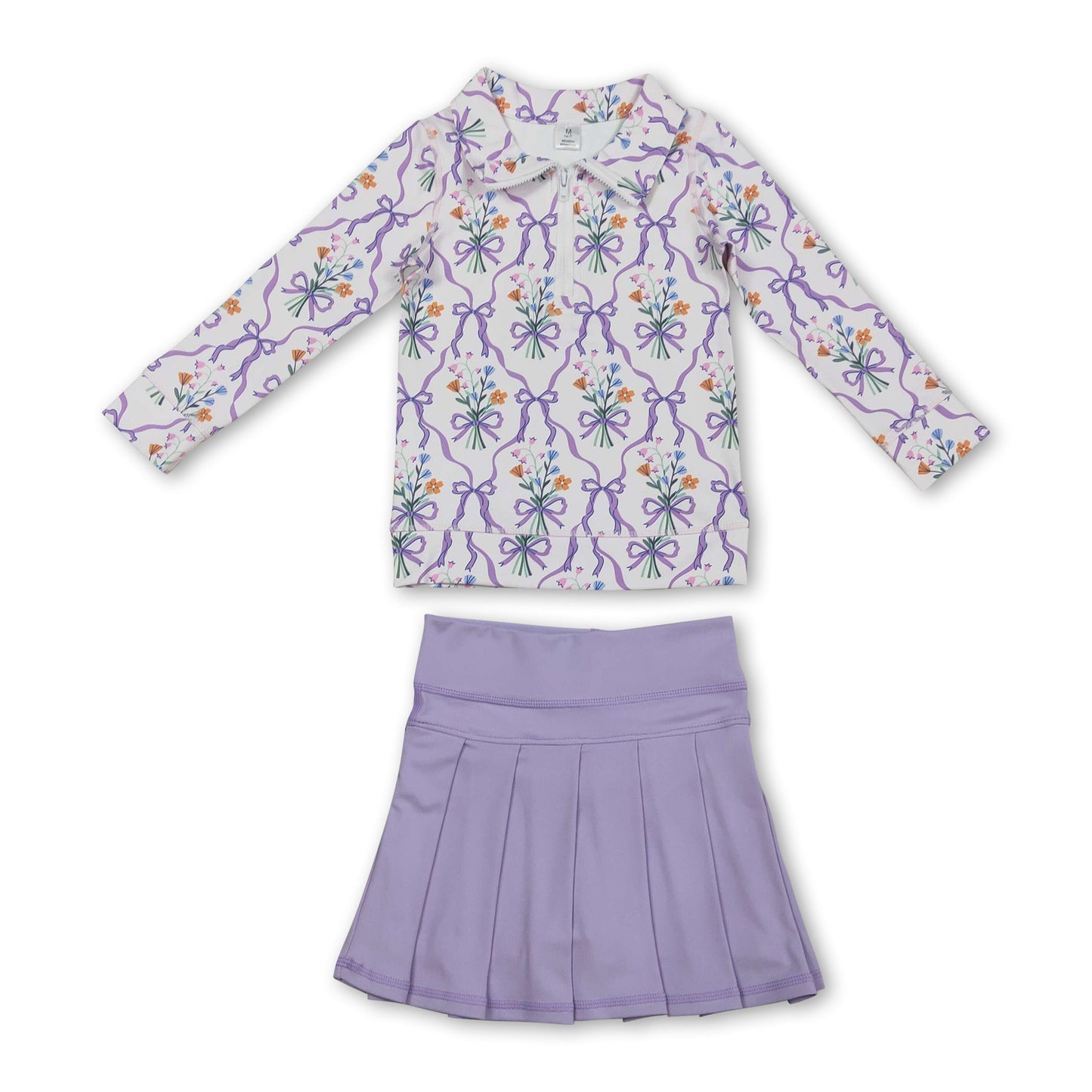 Geblümtes Lavendel-Schleifen-Faltenrock Mädchen Yoga Activewear Set