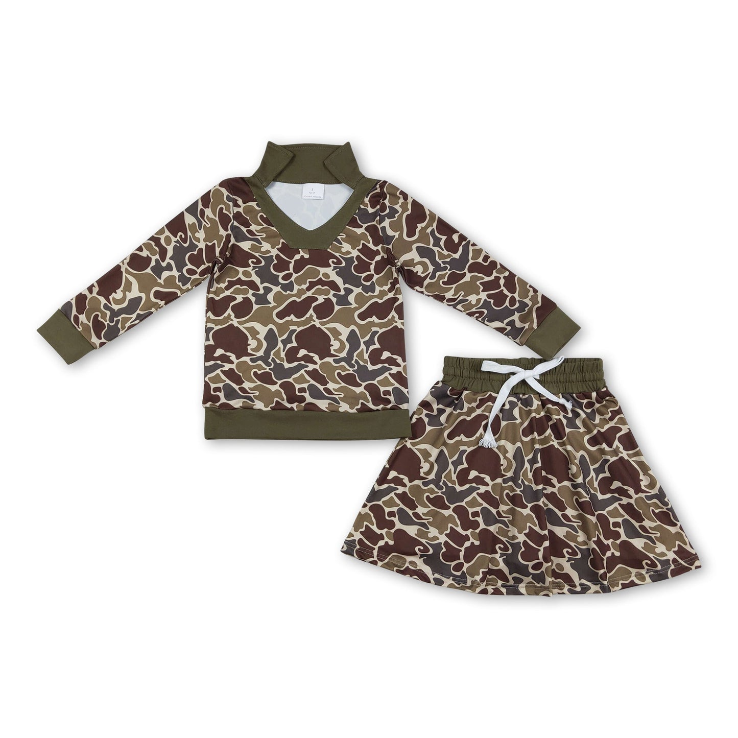 Langärmliges braunes Camo-Top und Rock für Mädchen, Bekleidungsset