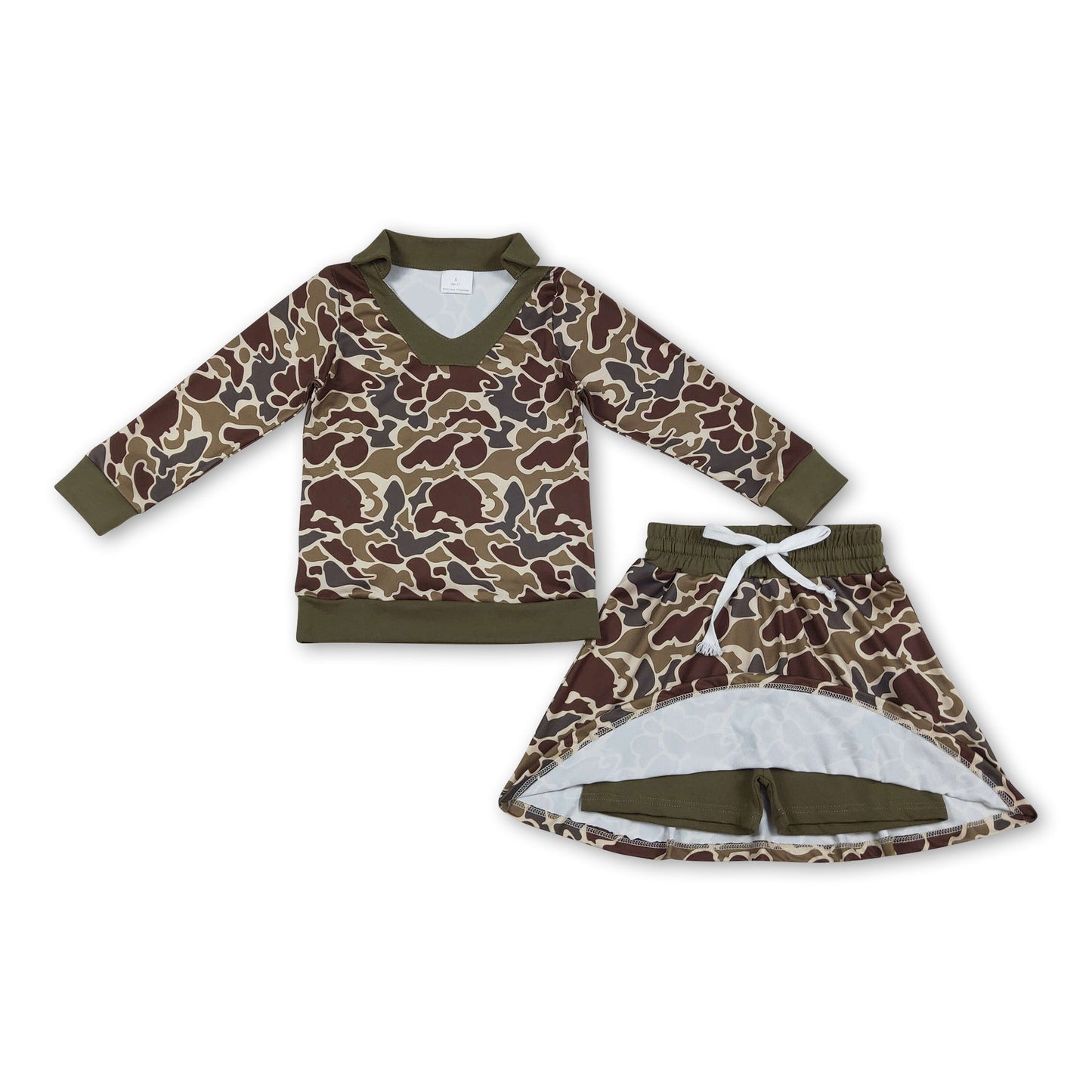 Langärmliges braunes Camo-Top und Rock für Mädchen, Bekleidungsset