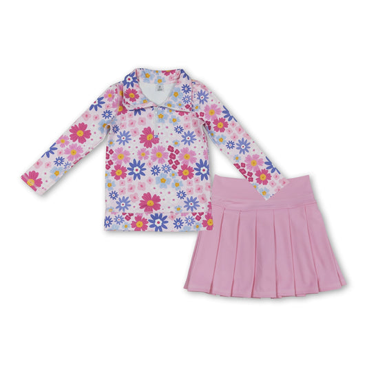 Geblümter Pullover, plissierter Rock in Rosa, Yogabekleidung für Mädchen, Aktivbekleidung-Set