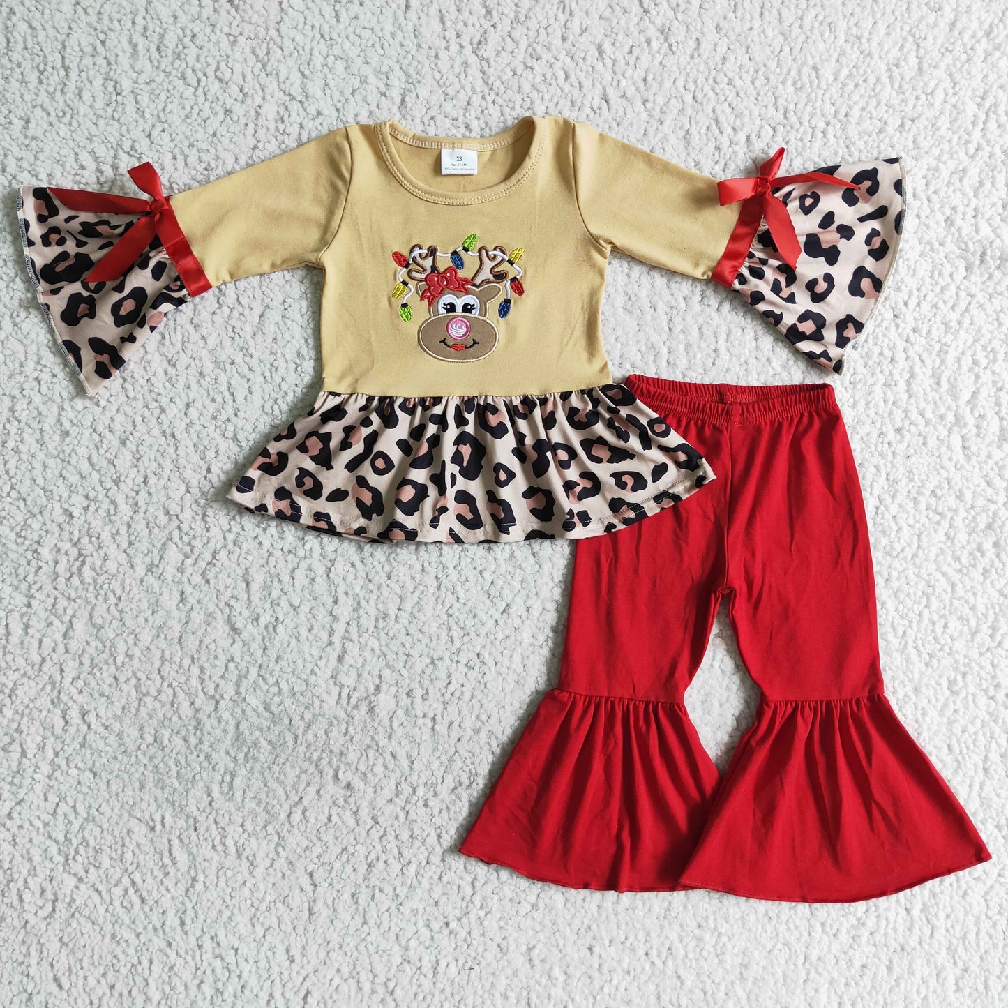 Rentier besticktes Leoparden-Peplum-Rot-Hosen-Mädchen-Weihnachts-Set