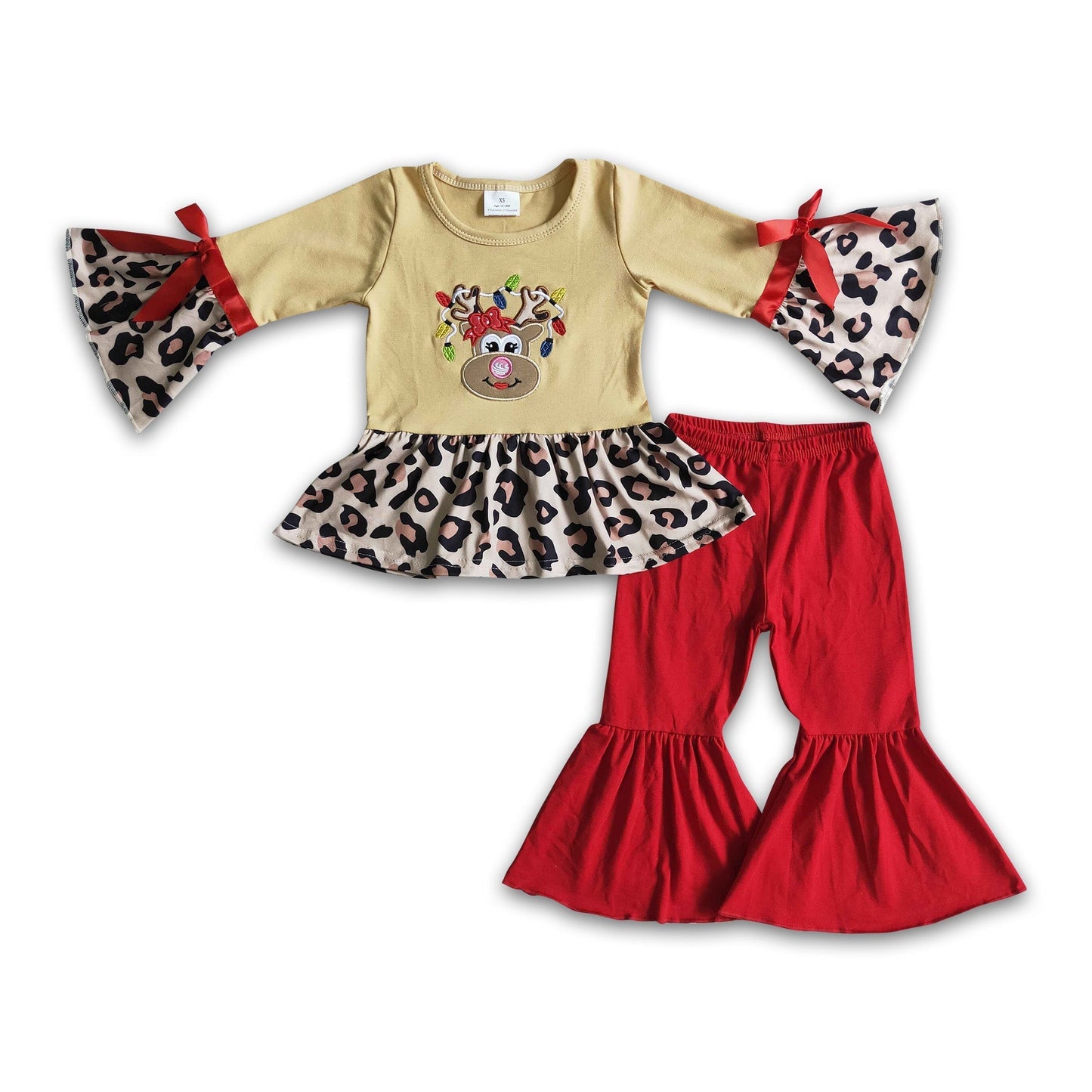 Rentier besticktes Leoparden-Peplum-Rot-Hosen-Mädchen-Weihnachts-Set