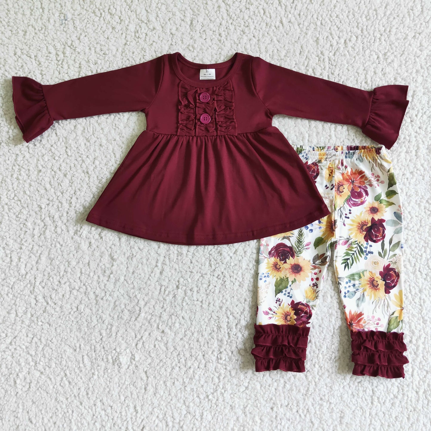 Maroonfarbene Baumwolltunika mit geblümten Leggings für Mädchen – Herbst-Outfits