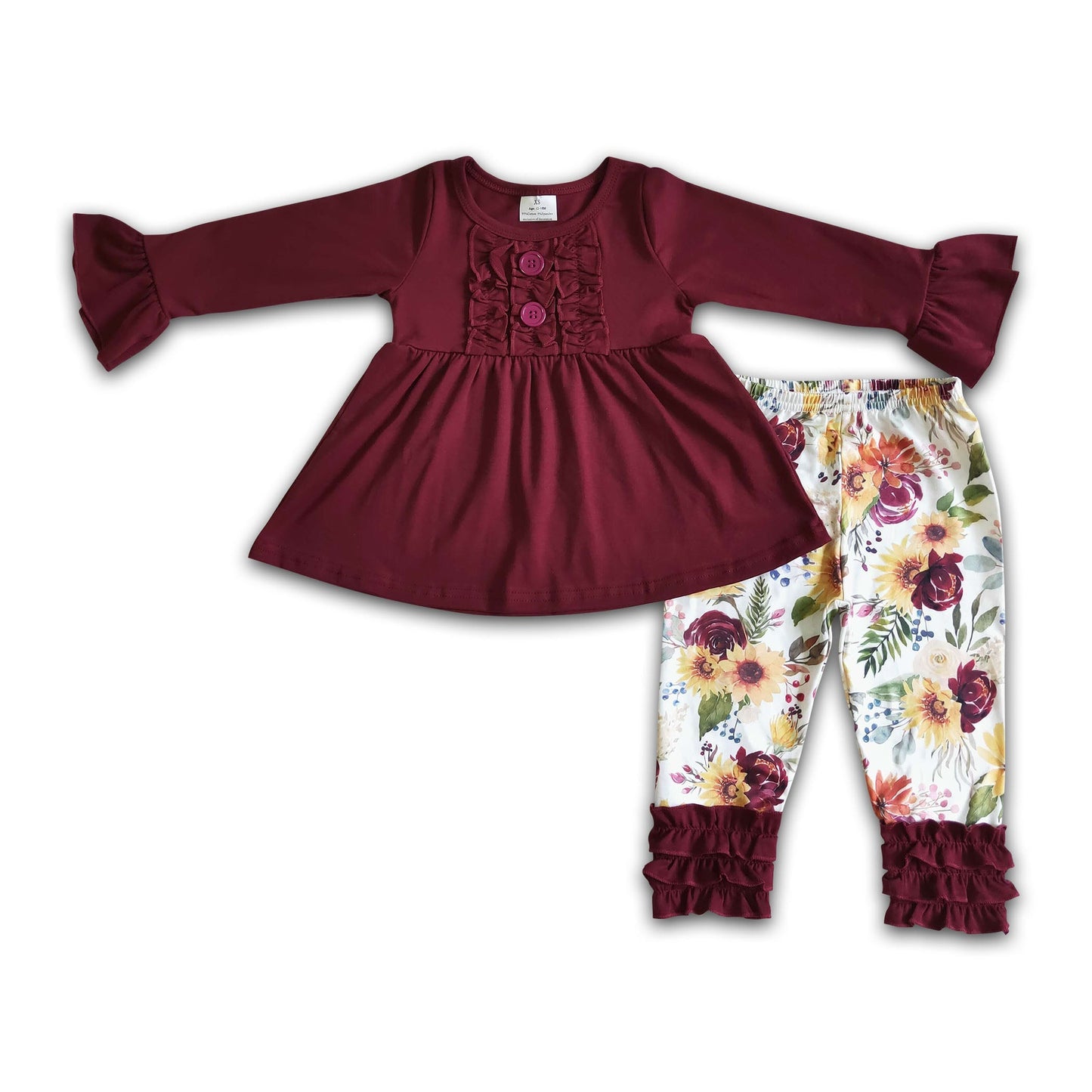 Maroonfarbene Baumwolltunika mit geblümten Leggings für Mädchen – Herbst-Outfits