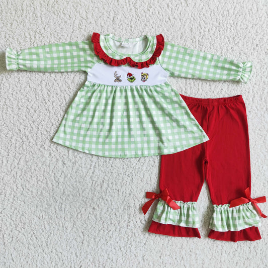 Grün besticktes Schottenmuster-Tunika mit Rüschen-Pants für Mädchen Weihnachts-Outfit