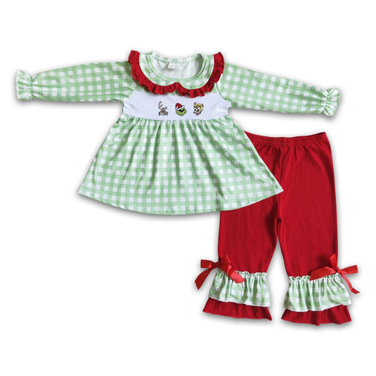 Grün besticktes Schottenmuster-Tunika mit Rüschen-Pants für Mädchen Weihnachts-Outfit