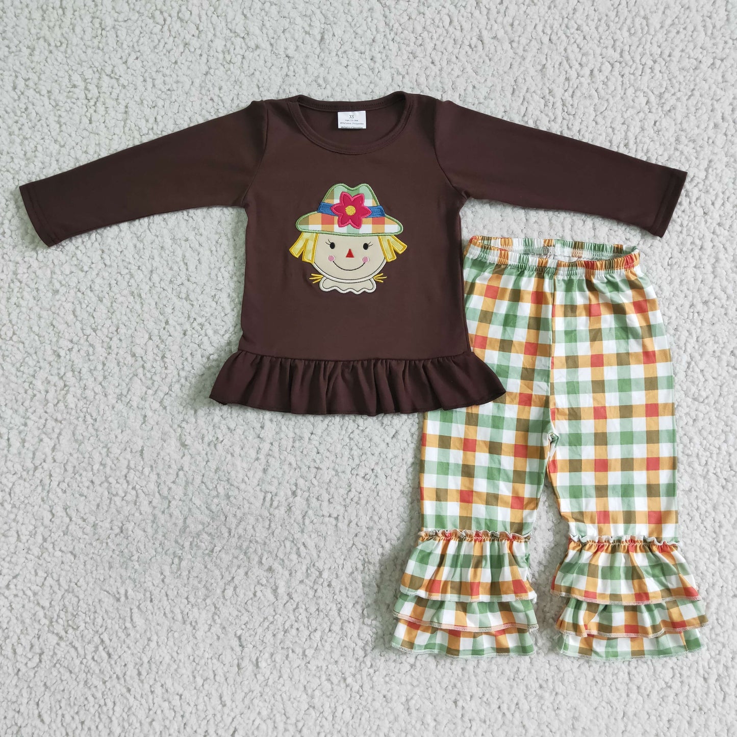 Vogelscheuchen-Stickerei-Baumwollhemd, karierte Hose, Mädchen-Herbst-Outfits
