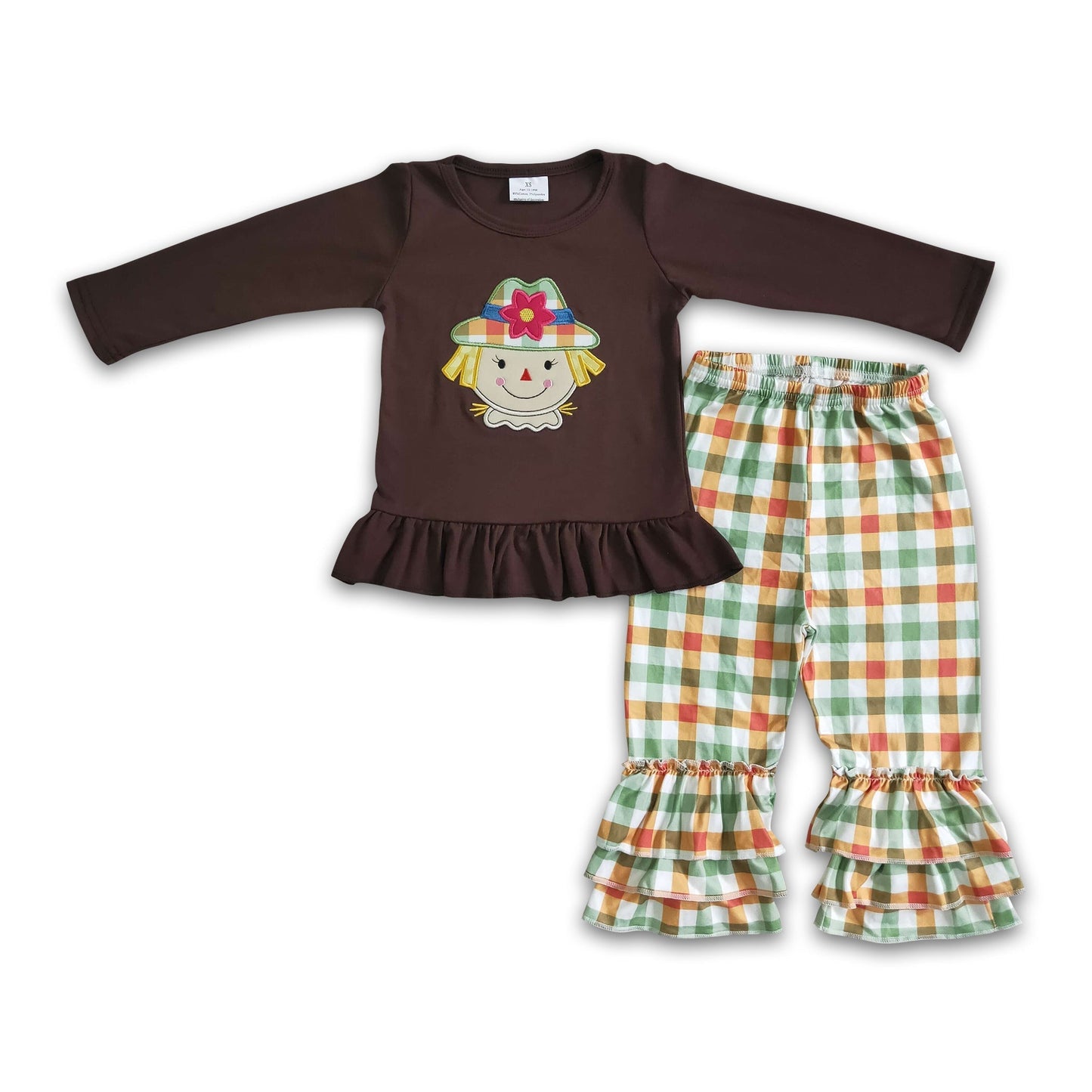 Vogelscheuchen-Stickerei-Baumwollhemd, karierte Hose, Mädchen-Herbst-Outfits