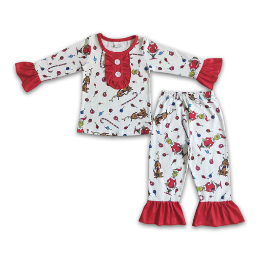 Grüner Gesichtsaufdruck langärmeliger Baby-Mädchen-Weihnachtspyjama