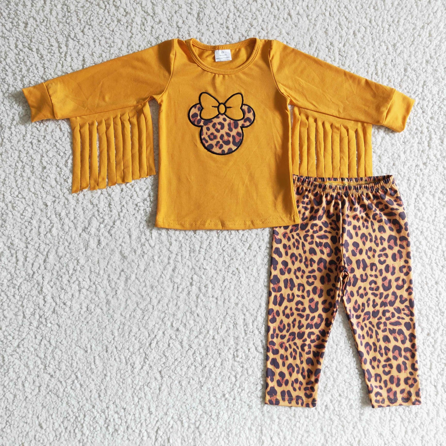 Mädchenkleidung: Leopardhose mit Baumwollquasten und Maus-Stickerei