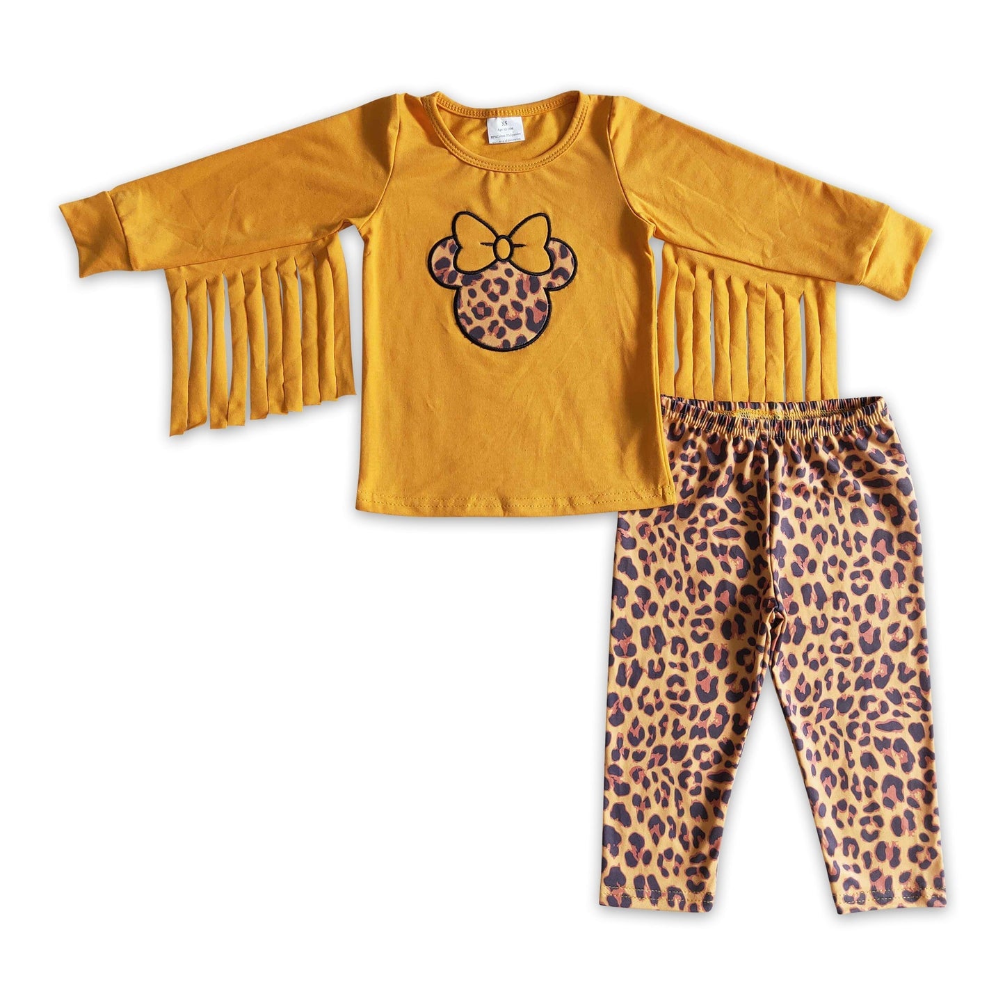 Mädchenkleidung: Leopardhose mit Baumwollquasten und Maus-Stickerei