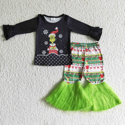 Grünes Gesicht, schwarzes Shirt, Schlaghose aus Kunstfell, Mädchen-Weihnachtskleidung