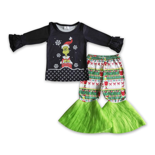 Grünes Gesicht, schwarzes Shirt, Schlaghose aus Kunstfell, Mädchen-Weihnachtskleidung