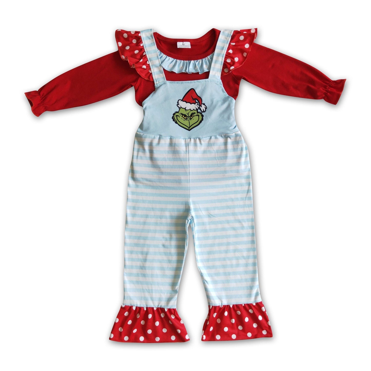 Rotes Baumwolltop grüne Gesichtsstreifen-Overalls Kinder-Weihnachtsset