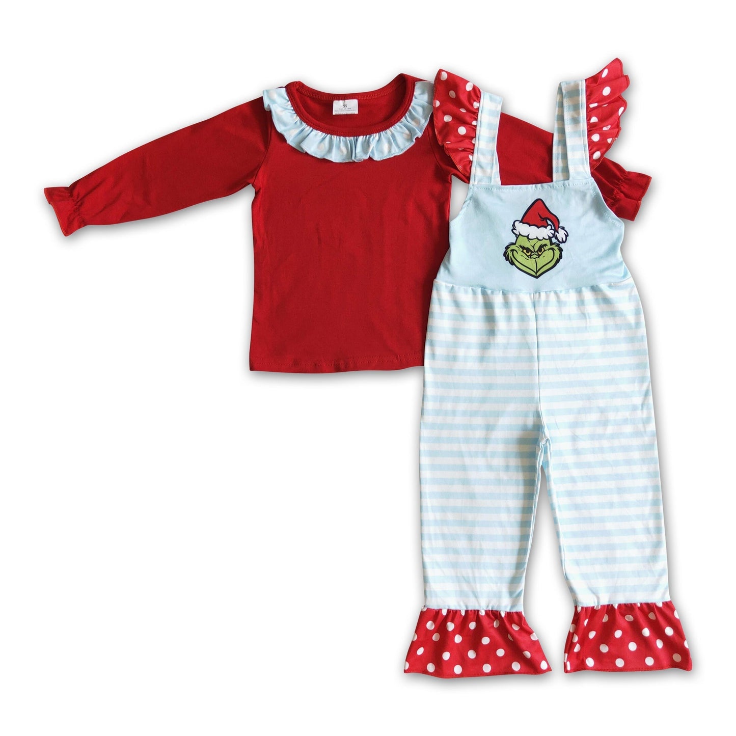 Rotes Baumwolltop grüne Gesichtsstreifen-Overalls Kinder-Weihnachtsset