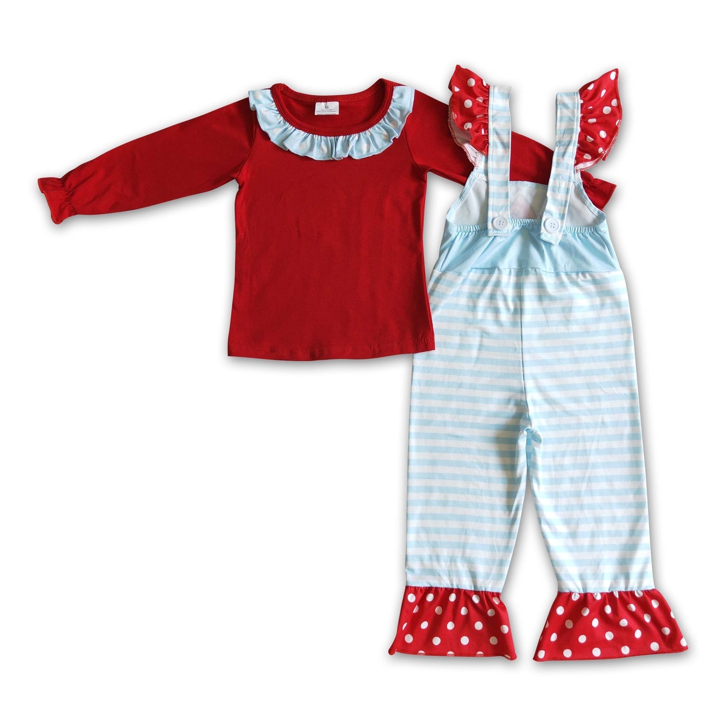 Rotes Baumwolltop grüne Gesichtsstreifen-Overalls Kinder-Weihnachtsset