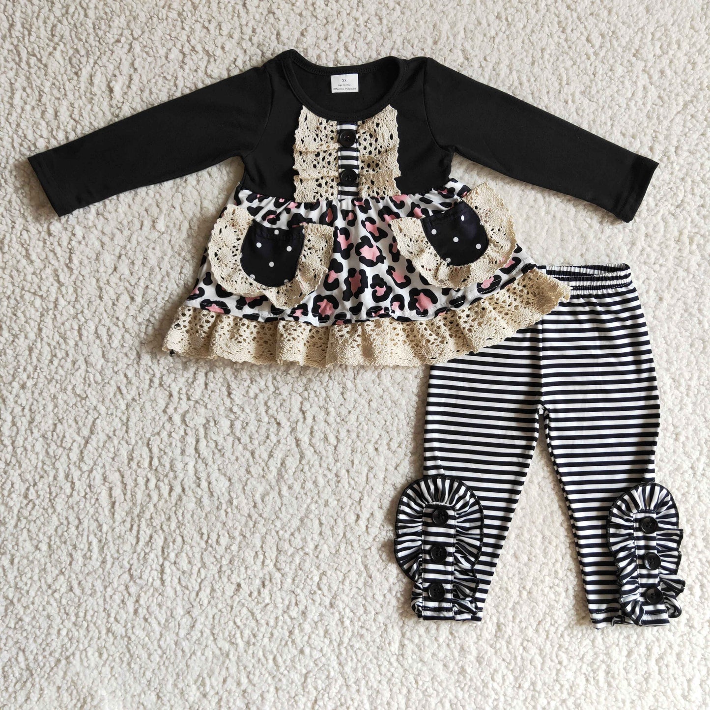 Schwarzer Leopard Taschentunika gestreifte Leggings Kinder Herbstkleidung