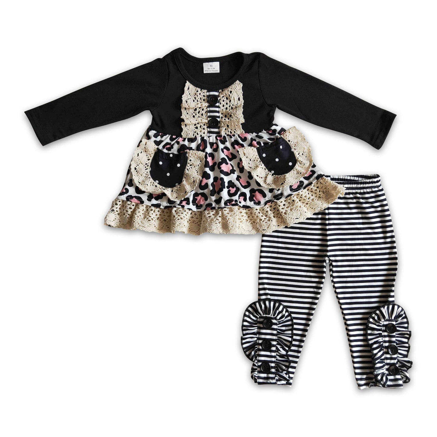 Schwarzer Leopard Taschentunika gestreifte Leggings Kinder Herbstkleidung