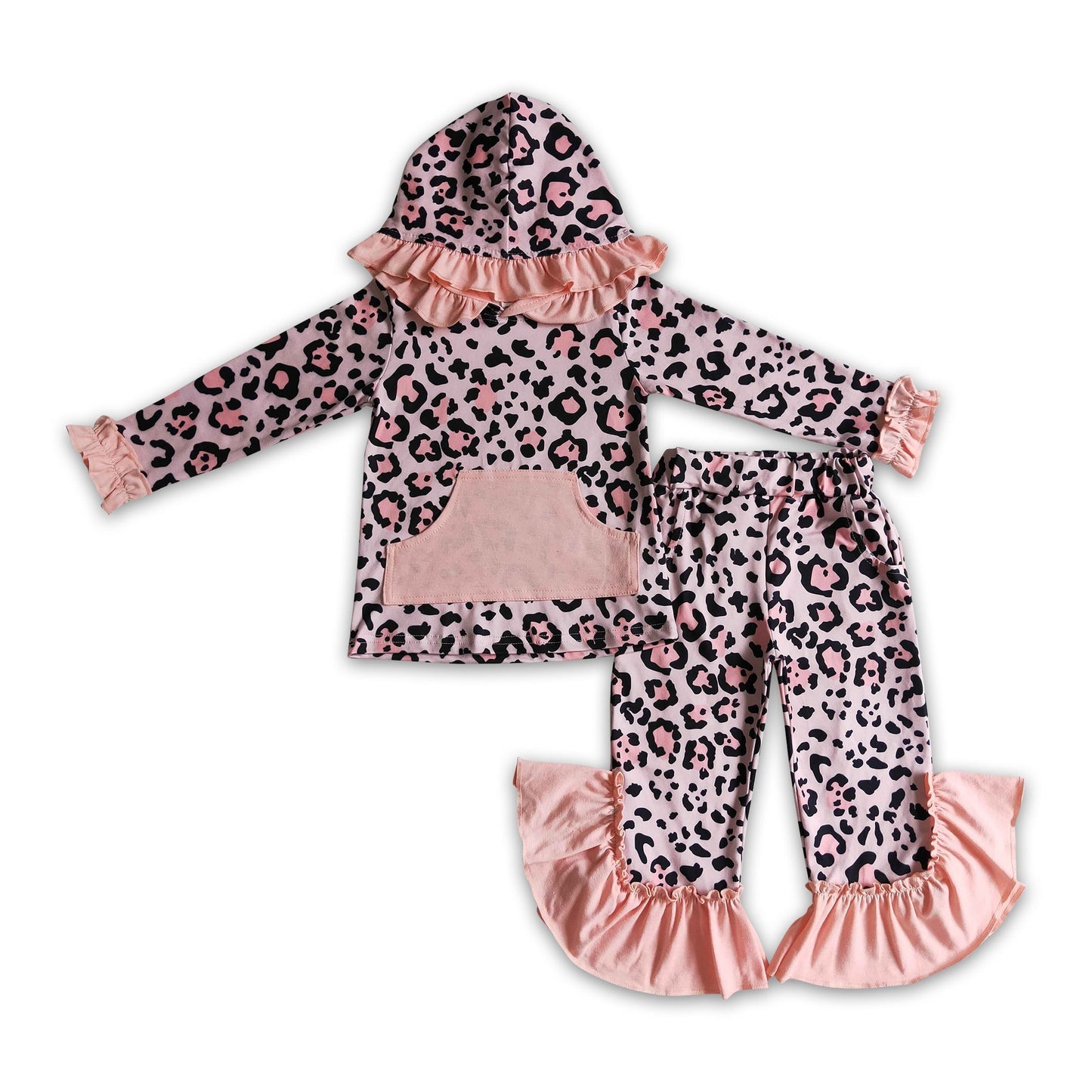 Pink Leopard Kapuzenpulli Rüschen-Taschenhose Mädchen-Kleidungsset