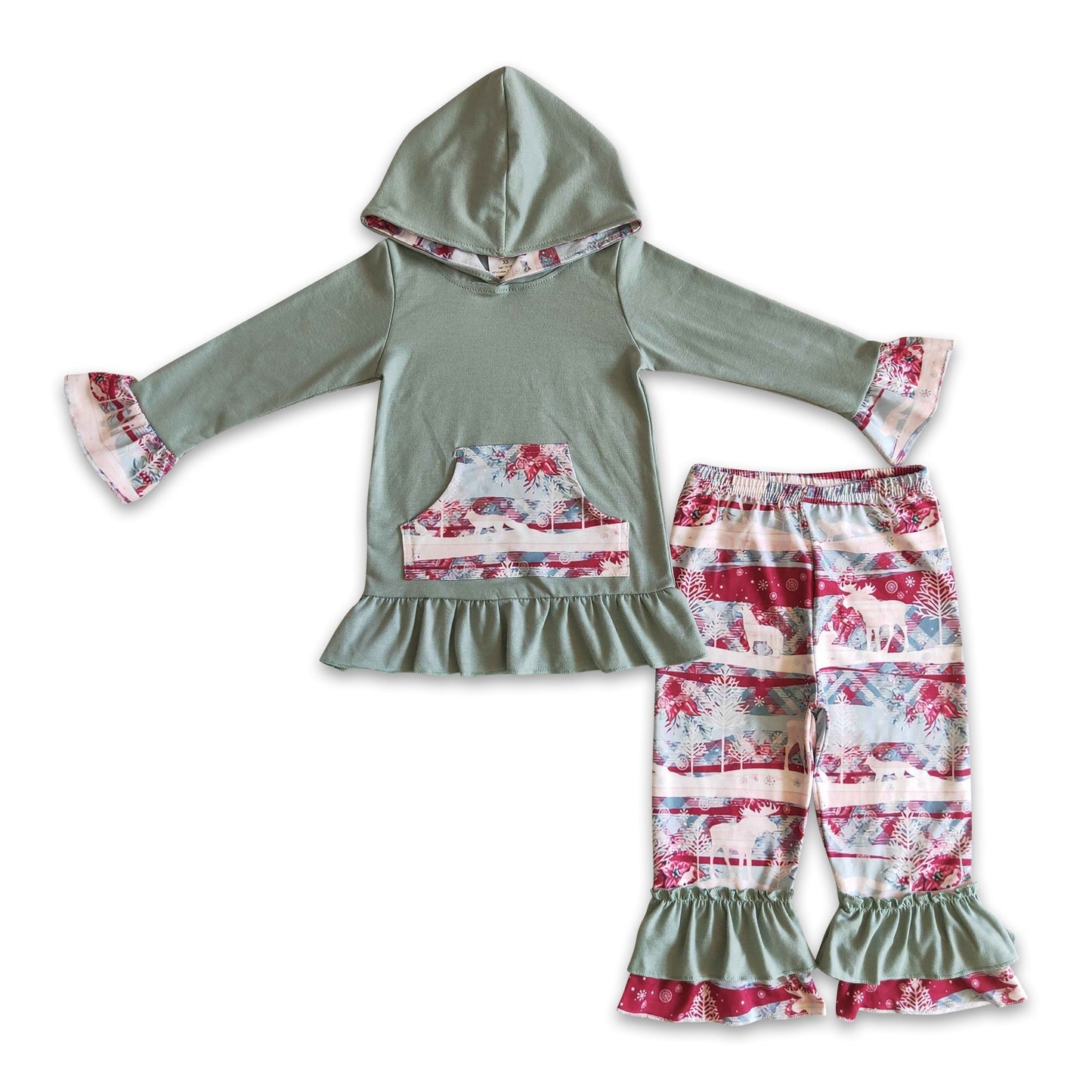 Rentier-Plaid-Rüschen-Kapuzenpulli-Hosen Baby Mädchen Weihnachtsoutfits