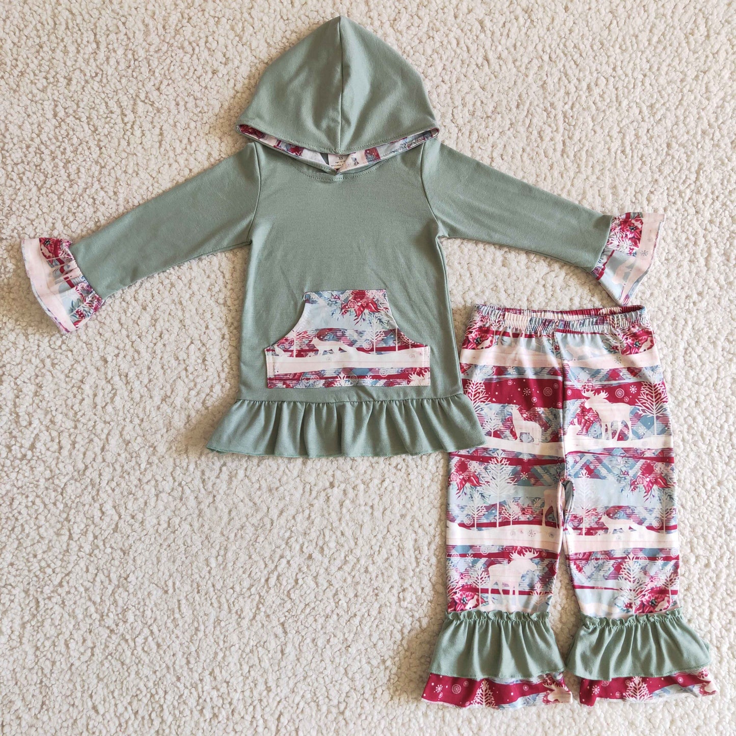 Rentier-Plaid-Rüschen-Kapuzenpulli-Hosen Baby Mädchen Weihnachtsoutfits