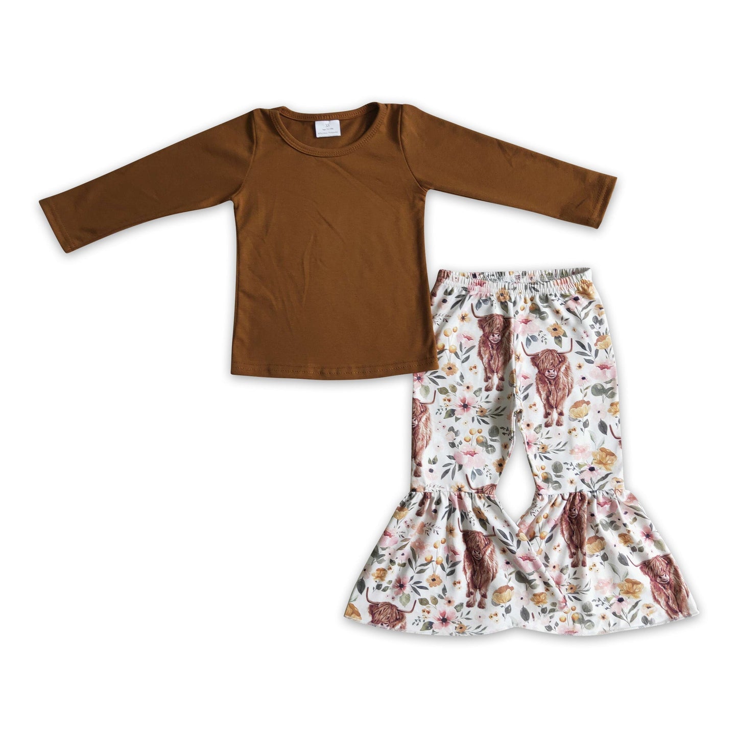 Braunes Baumwolltop Hochlandkuh Hose Mädchen Herbst Kleidung Set