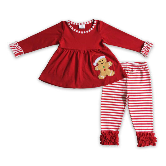 Lebkuchen-Stickerei-Tunika-Streifen-Leggings Mädchen Weihnachtsset