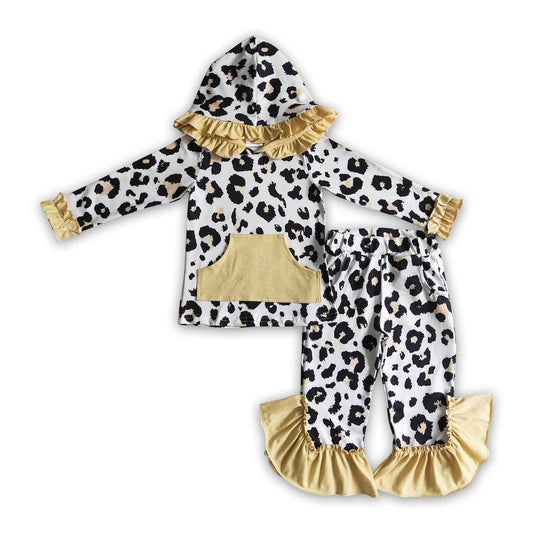 Khaki-weißer Leoparden-Hoodie-Hosen-Set für Mädchen Winter-Outfits