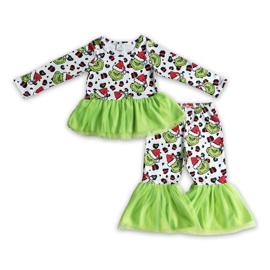 Grünflächiger Leoparden-Tüll-Kinder-Mädchen-Weihnachtsbekleidungsset