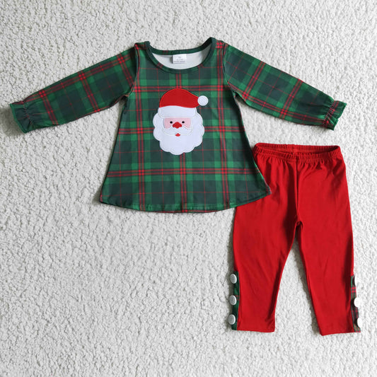 Grün-rot kariert, Santa-Stickerei, rote Leggings, Mädchen-Weihnachtskleidung