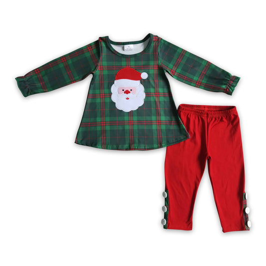 Grün-rot kariert, Santa-Stickerei, rote Leggings, Mädchen-Weihnachtskleidung