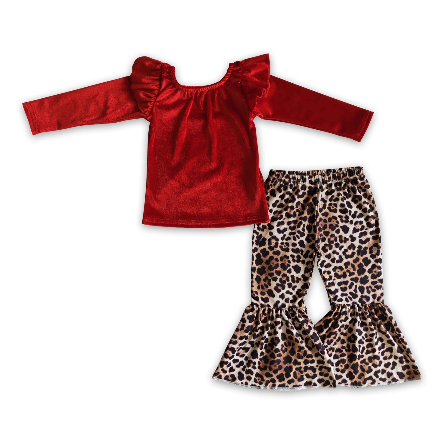 Rotes Samtshirt Leopardhose Mädchen Herbst Winter Kleidung