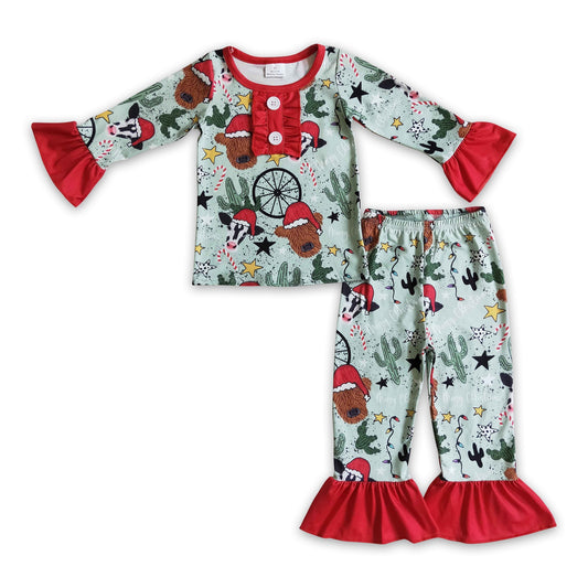 Highland-Kuh-Kaktus-Kinder-Mädchen-Western-Weihnachtspyjama