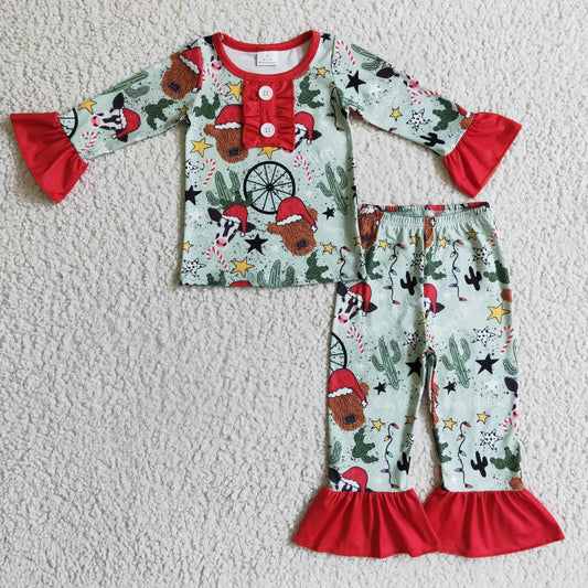 Highland-Kuh-Kaktus-Kinder-Mädchen-Western-Weihnachtspyjama