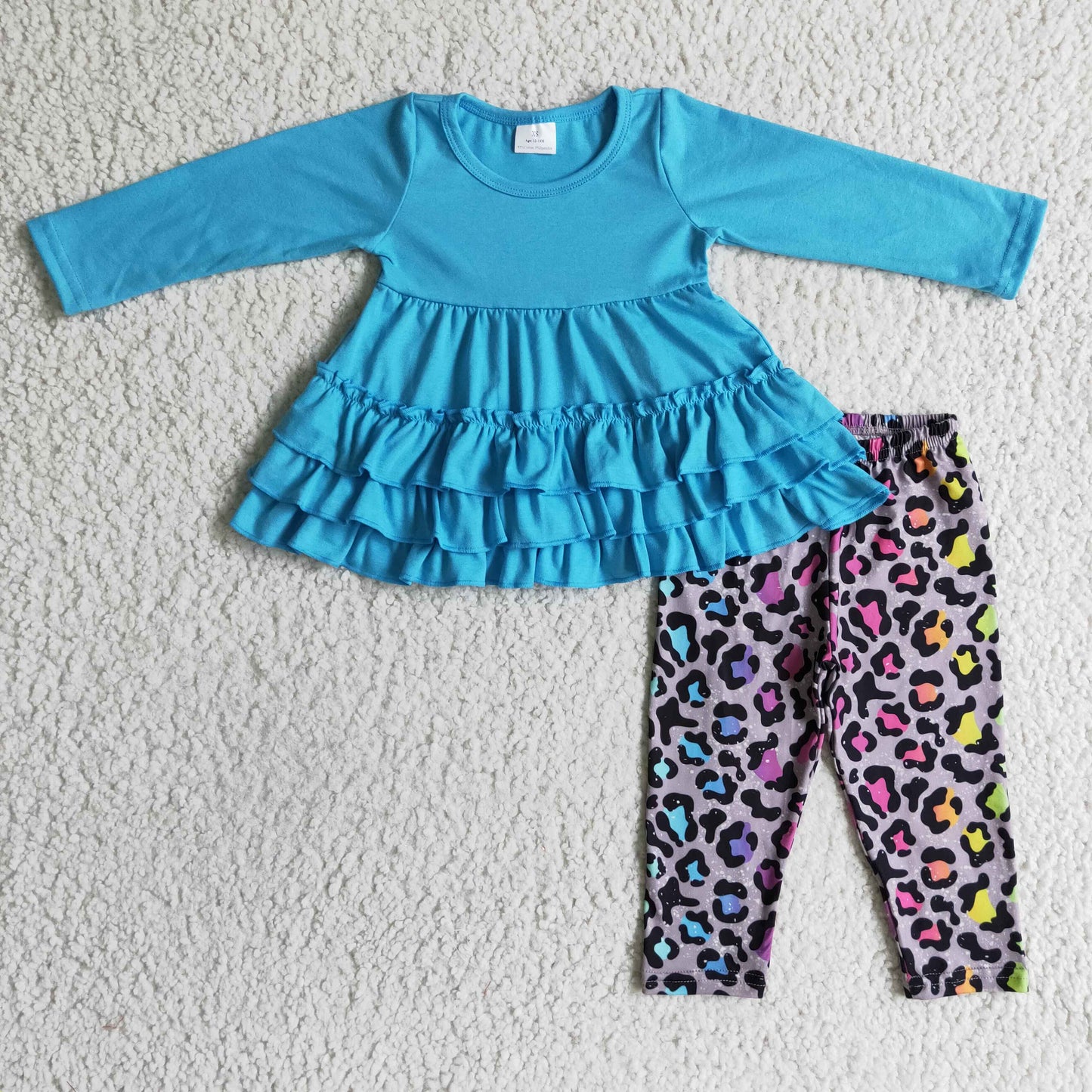 Blaues Baumwoll-Rüschentunika Leoparden-Leggings Mädchenkleidung