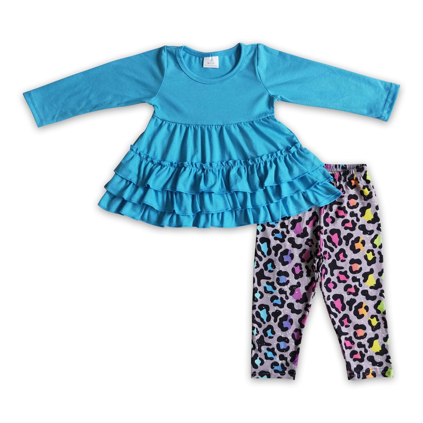 Blaues Baumwoll-Rüschentunika Leoparden-Leggings Mädchenkleidung