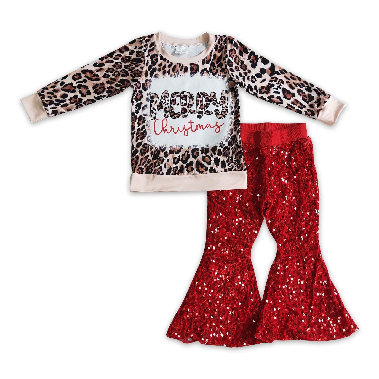 Fröhliche Weihnachten Leopardenhemd Pailletten Schlaghose Mädchen Outfits