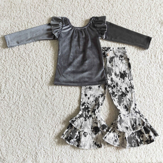 Graues Samt-Shirt mit Rüschen-Jeans-Set für Mädchen