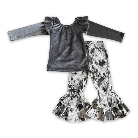 Graues Samt-Shirt mit Rüschen-Jeans-Set für Mädchen