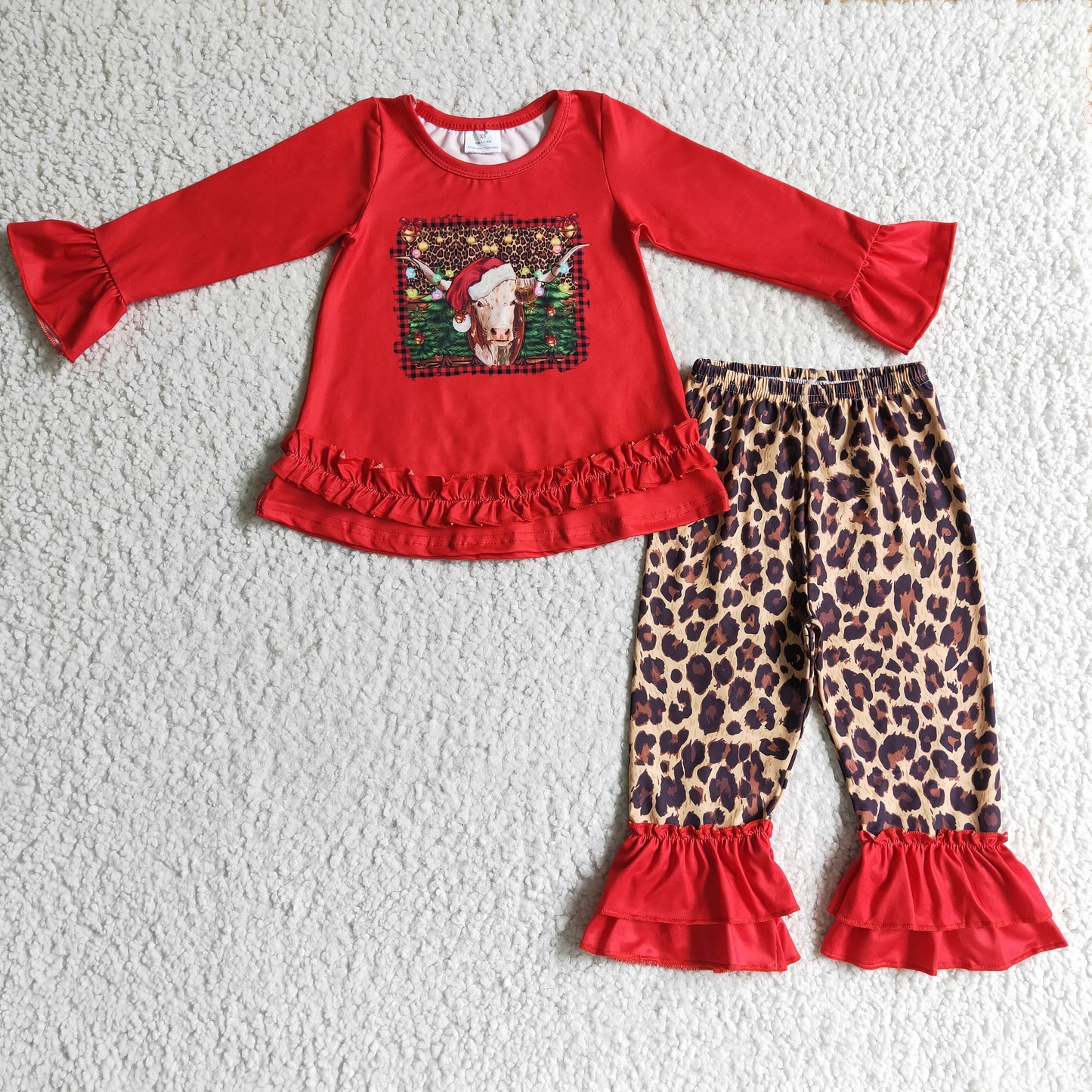 Kuhhut, rotes Shirt, Leopardenhose, Mädchen-Weihnachtskleidung