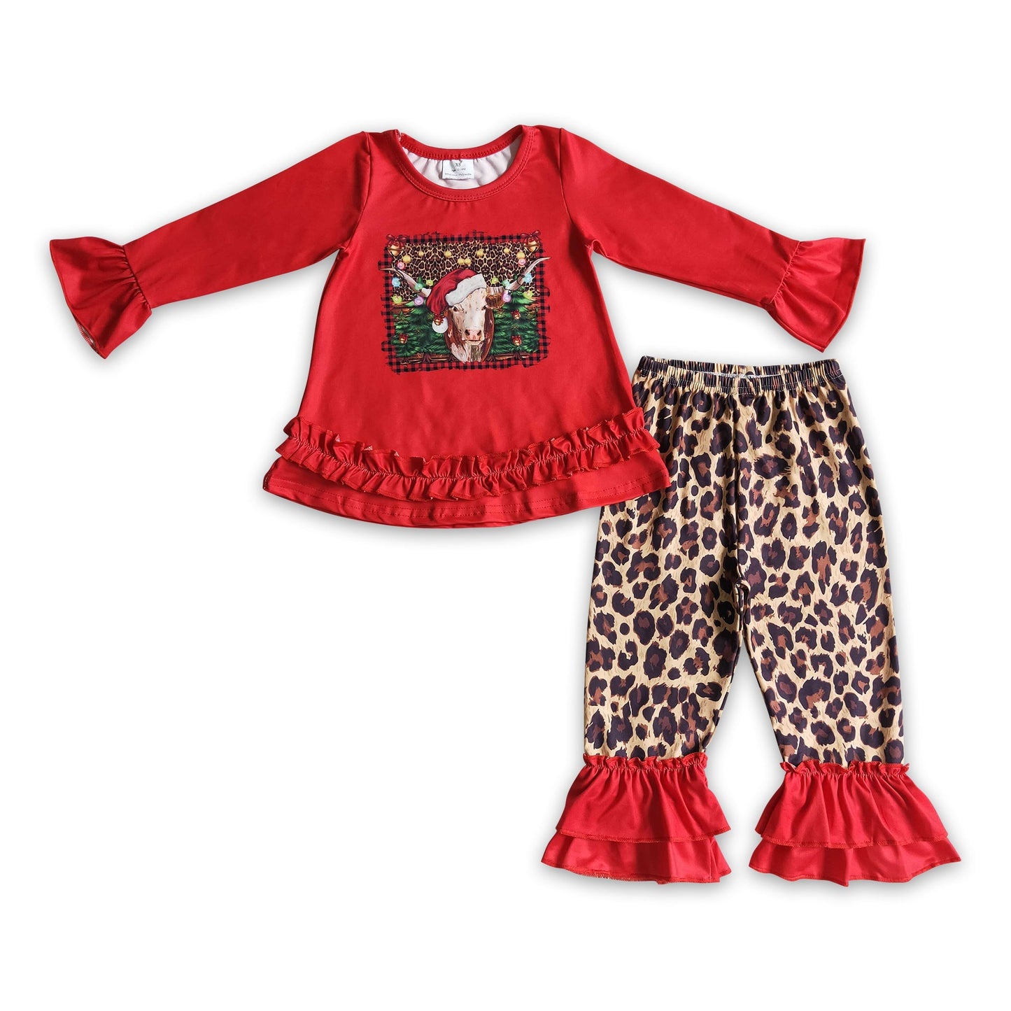 Kuhhut, rotes Shirt, Leopardenhose, Mädchen-Weihnachtskleidung