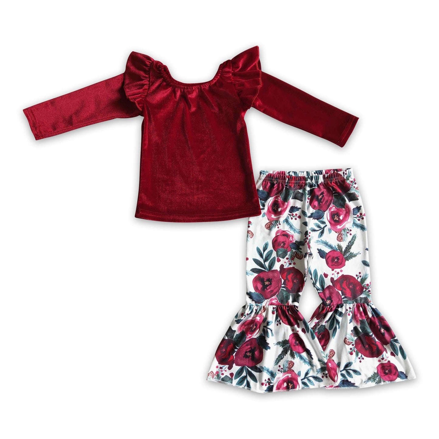 Rotes Samtshirt florale Hose Mädchen-Kleidungsset