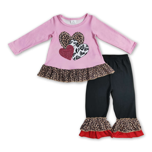Herz rosa Leopard Rüschen-Top passende Hose Mädchen Valentinstag Kleidung