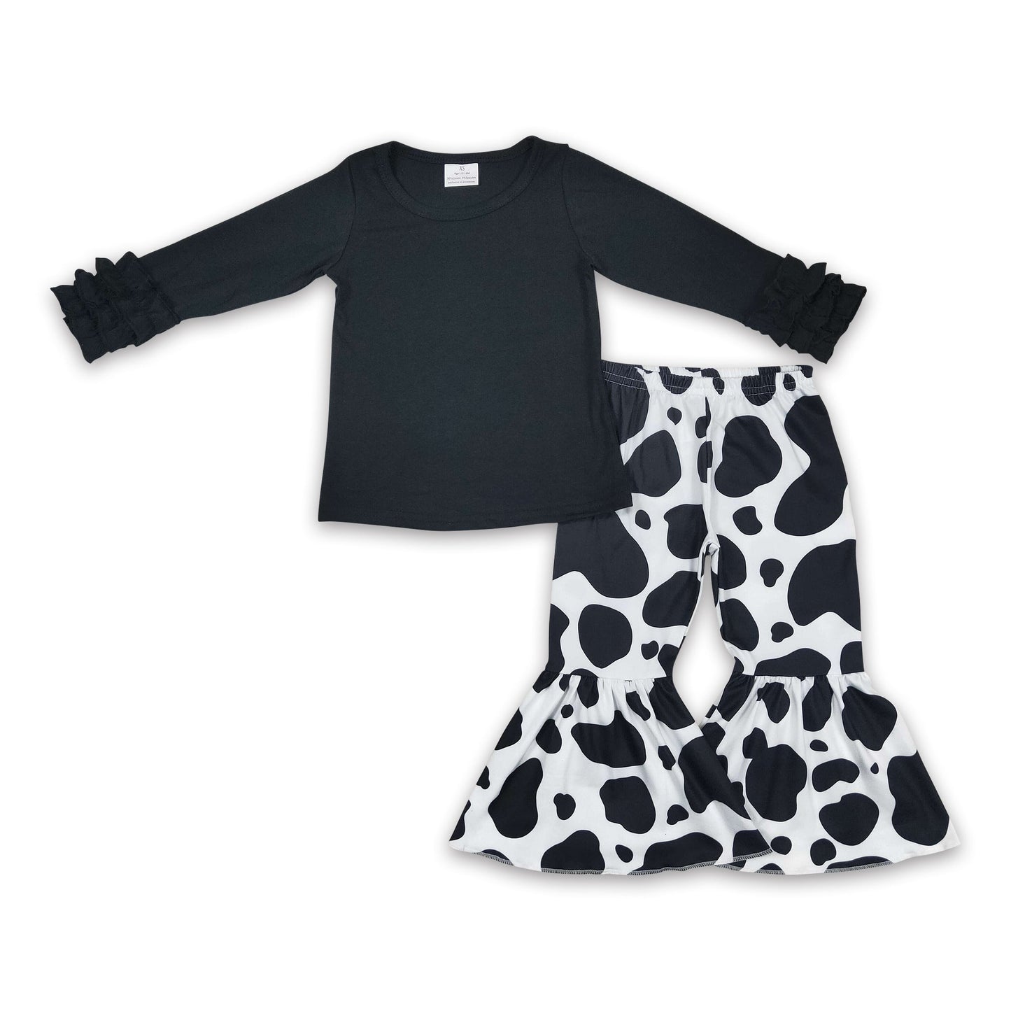Schwarzes Baumwoll-Top mit Rüschenverzierung, Kuhglocken-Schlaghose, Mädchen-Outfits