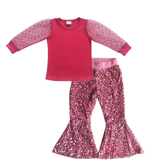 Tüll-Langarmshirt Paillettenhose Mädchen-Bekleidungsset
