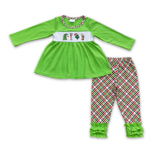 Grüne Gesicht Stickerei Tunika Leggings Mädchen Weihnachtsoutfits