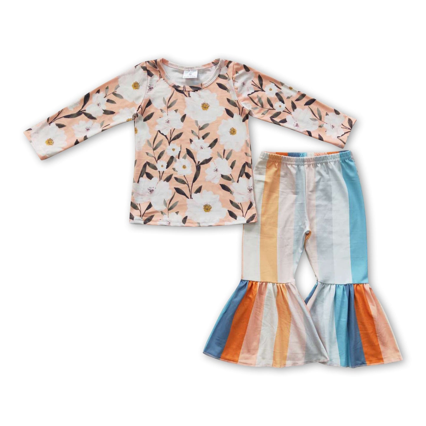 Geblümtes Langarmshirt gestreifte Hose Mädchen Herbstkleidung